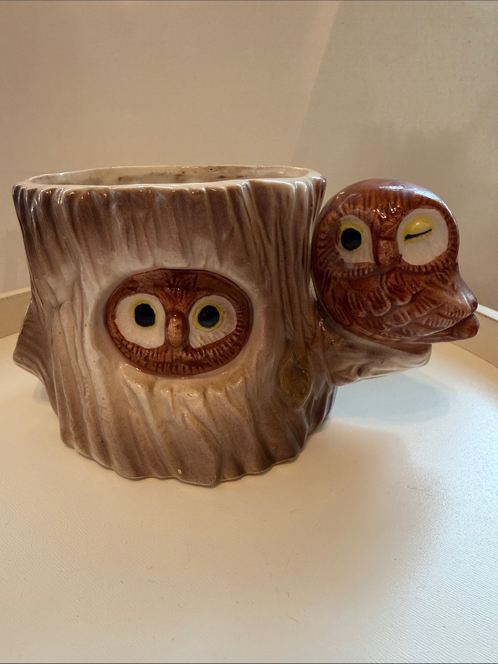 🦉🪴 Vintage Enesco Ceramic Owl & Owlet Tree Stump Planter, ~4" x 3.75” x 7.5”